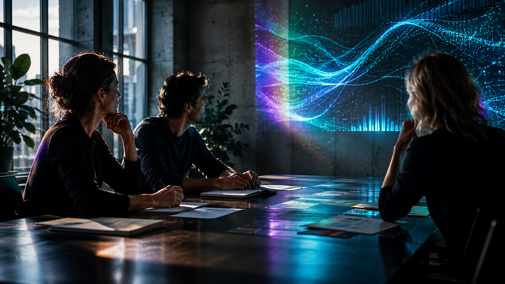 A small marketing team reviewing an AI brand visibility data visualisation on screen together