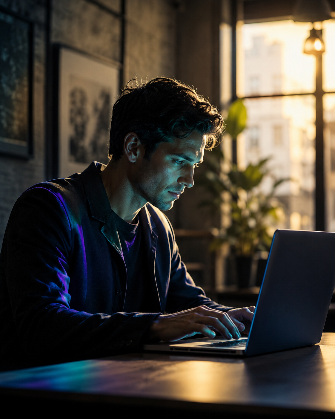 Marketing leader working late at a laptop with a city skyline glowing through the window